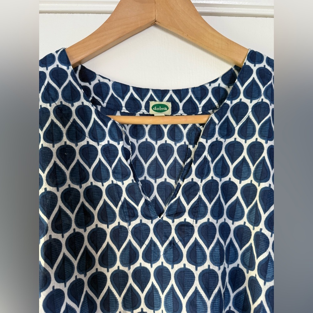 Dolma Block Print 100% Cotton Blouse Navy Blue White Teardrop Boho Chic Coastal - Picture 2 of 6